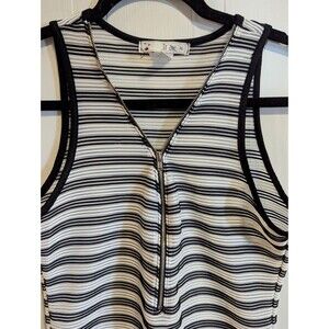 IT Girl Women's XL Black White Striped Sheer Ribbed V-Neck Zip Tank Top